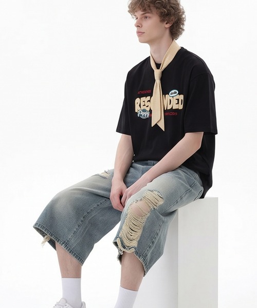HOOK（フック）の「HOOK チェック × アップリケ刺繍 スカーフ付き T シャツ (SS)（Tシャツ/カットソー・メンズ・オフホワイト/ブラック・LARGE）」の8枚目の写真