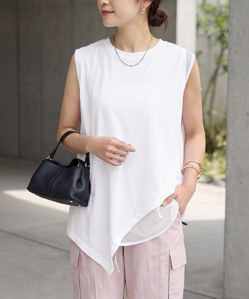 STYLE DELI(スタイルデリ)の「【selection】裾メッシュレイヤードノースリカットtops(タンクトップ・レディース・ホワイト/ブラック/カーキ・FREE)」の1枚目の写真