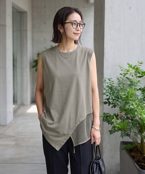 STYLE DELI(スタイルデリ)の「【selection】裾メッシュレイヤードノースリカットtops(タンクトップ・レディース・ホワイト/ブラック/カーキ・FREE)」の3枚目の写真