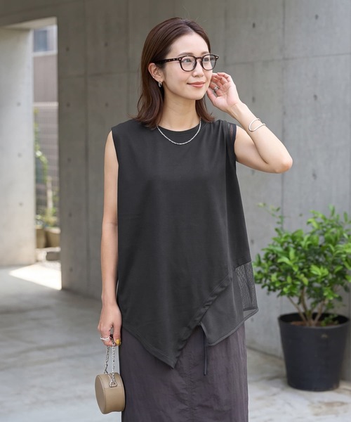 STYLE DELI(スタイルデリ)の「【selection】裾メッシュレイヤードノースリカットtops(タンクトップ・レディース・ホワイト/ブラック/カーキ・FREE)」の2枚目の写真