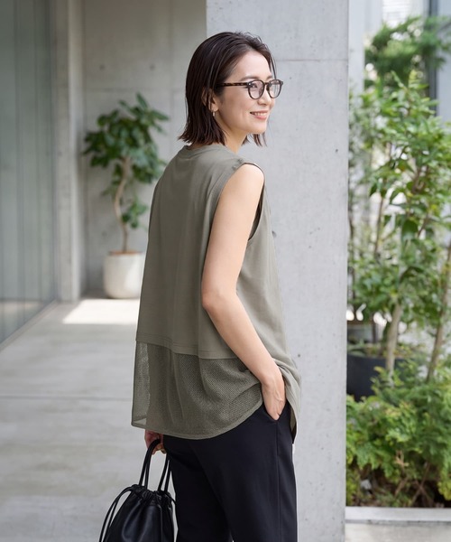 STYLE DELI(スタイルデリ)の「【selection】裾メッシュレイヤードノースリカットtops(タンクトップ・レディース・ホワイト/ブラック/カーキ・FREE)」の6枚目の写真