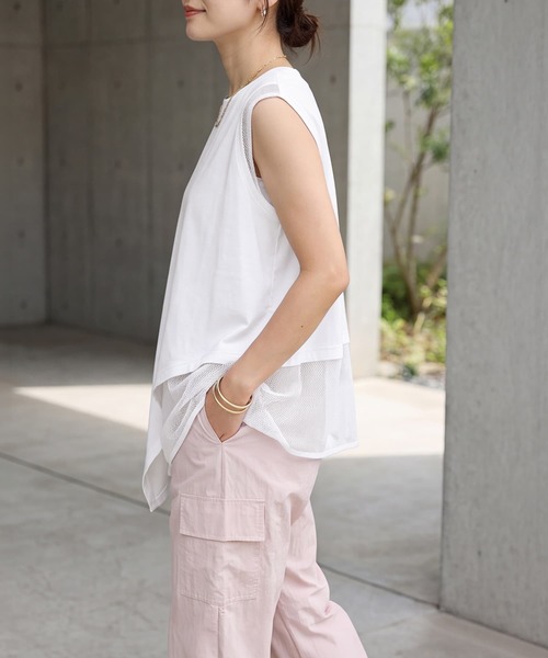 STYLE DELI(スタイルデリ)の「【selection】裾メッシュレイヤードノースリカットtops(タンクトップ・レディース・ホワイト/ブラック/カーキ・FREE)」の10枚目の写真