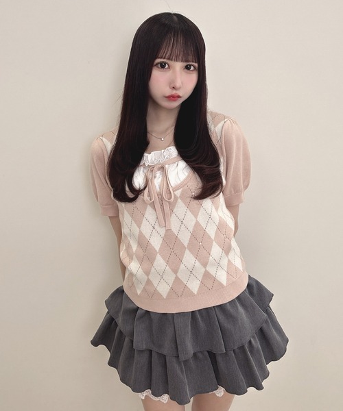 INGNI（イング）の「フロントリボンレイヤード風アーガイルニット（ニット/セーター・レディース・グレー/ボルドー/ピンクベージュ・M）」の9枚目の写真