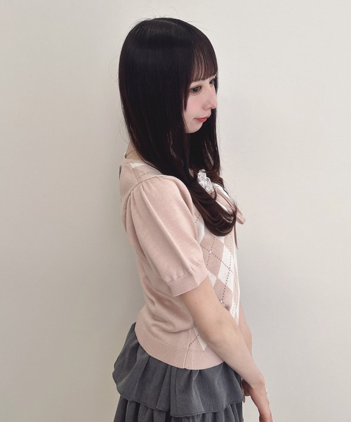 INGNI（イング）の「フロントリボンレイヤード風アーガイルニット（ニット/セーター・レディース・グレー/ボルドー/ピンクベージュ・M）」の10枚目の写真