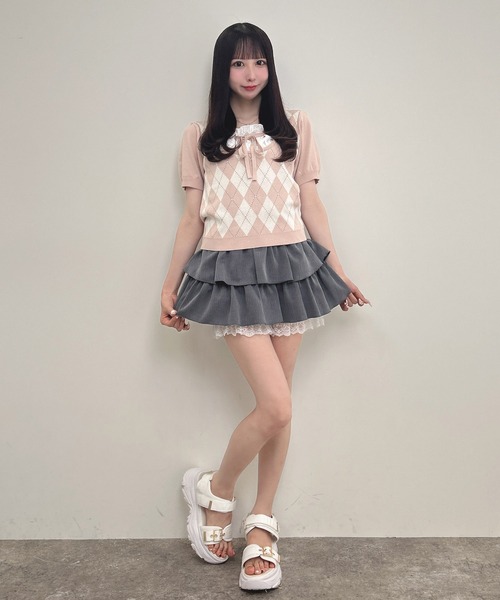 INGNI（イング）の「フロントリボンレイヤード風アーガイルニット（ニット/セーター・レディース・グレー/ボルドー/ピンクベージュ・M）」の12枚目の写真