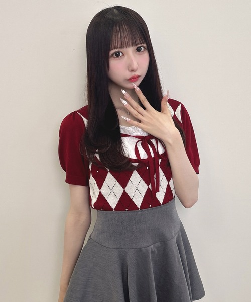 INGNI（イング）の「フロントリボンレイヤード風アーガイルニット（ニット/セーター・レディース・グレー/ボルドー/ピンクベージュ・M）」の14枚目の写真