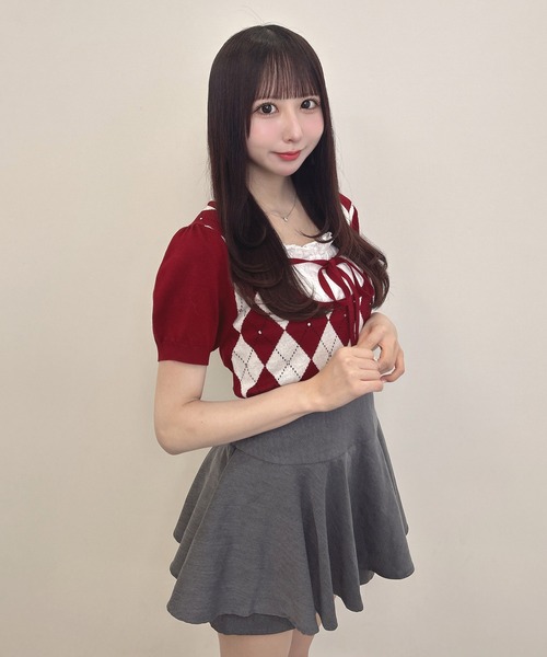 INGNI（イング）の「フロントリボンレイヤード風アーガイルニット（ニット/セーター・レディース・グレー/ボルドー/ピンクベージュ・M）」の15枚目の写真