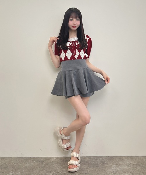 INGNI（イング）の「フロントリボンレイヤード風アーガイルニット（ニット/セーター・レディース・グレー/ボルドー/ピンクベージュ・M）」の17枚目の写真