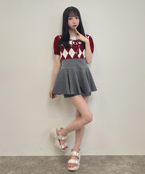 INGNI（イング）の「フロントリボンレイヤード風アーガイルニット（ニット/セーター・レディース・グレー/ボルドー/ピンクベージュ・M）」の18枚目の写真