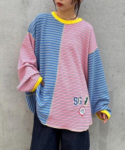 SOUNDSGOOOOD(サウンズグッド)の「【SOUNDS GOOOOD】クレイジーマルチボーダーワッフルロンT(Tシャツ/カットソー・メンズ・ピンク/ブラック・ONE SIZE)」の2枚目の写真