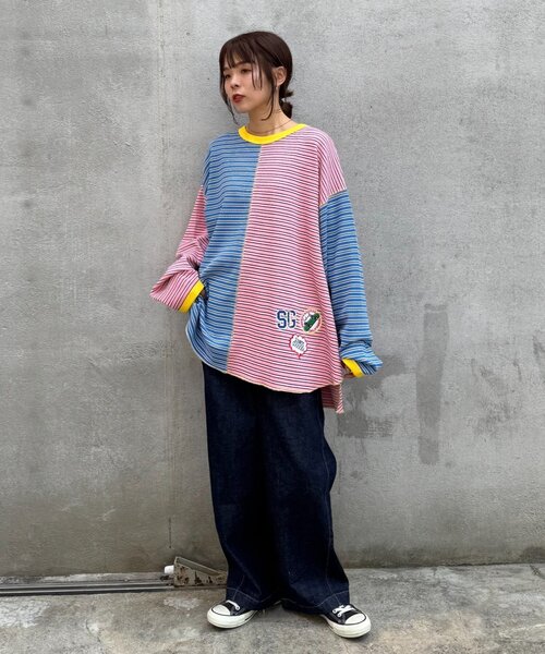 SOUNDSGOOOOD(サウンズグッド)の「【SOUNDS GOOOOD】クレイジーマルチボーダーワッフルロンT(Tシャツ/カットソー・メンズ・ピンク/ブラック・ONE SIZE)」の3枚目の写真