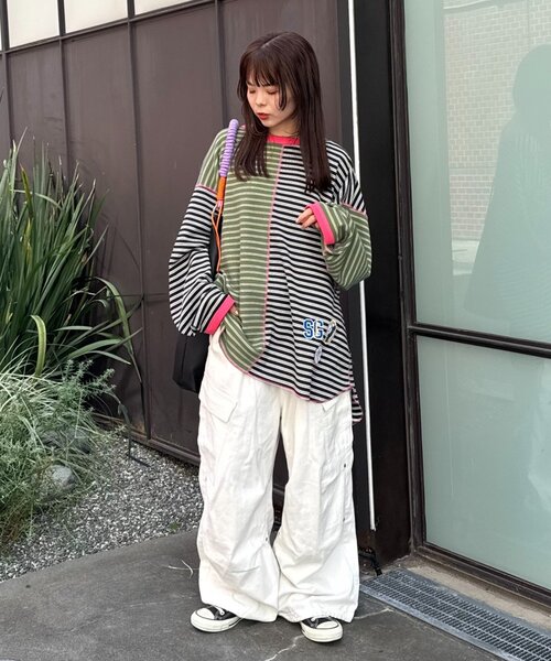SOUNDSGOOOOD(サウンズグッド)の「【SOUNDS GOOOOD】クレイジーマルチボーダーワッフルロンT(Tシャツ/カットソー・メンズ・ピンク/ブラック・ONE SIZE)」の4枚目の写真