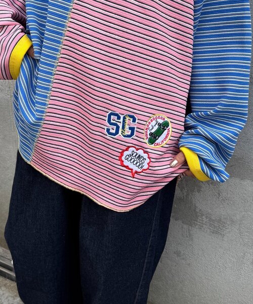 SOUNDSGOOOOD(サウンズグッド)の「【SOUNDS GOOOOD】クレイジーマルチボーダーワッフルロンT(Tシャツ/カットソー・メンズ・ピンク/ブラック・ONE SIZE)」の5枚目の写真