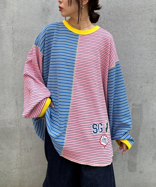 SOUNDSGOOOOD(サウンズグッド)の「【SOUNDS GOOOOD】クレイジーマルチボーダーワッフルロンT(Tシャツ/カットソー・メンズ・ピンク/ブラック・ONE SIZE)」の6枚目の写真