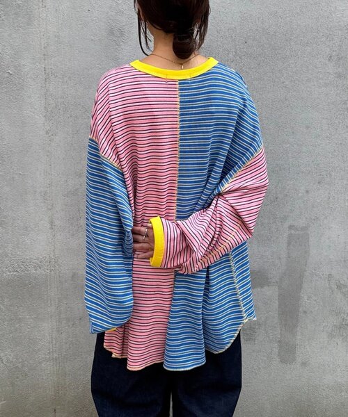SOUNDSGOOOOD(サウンズグッド)の「【SOUNDS GOOOOD】クレイジーマルチボーダーワッフルロンT(Tシャツ/カットソー・メンズ・ピンク/ブラック・ONE SIZE)」の8枚目の写真