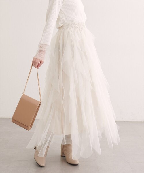 natural couture（ナチュラルクチュール）の「ラッフルフリルチュールスカート（スカート・レディース・チャコールグレー/ブラウン/オフホワイト・FREE）」の6枚目の写真
