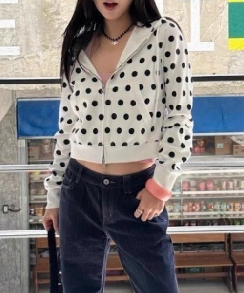 おしゃれスタ(オシャレスタ)の「ドット柄ジップパーカー(パーカー・レディース・ホワイト・S/M/L/XL)」の2枚目の写真