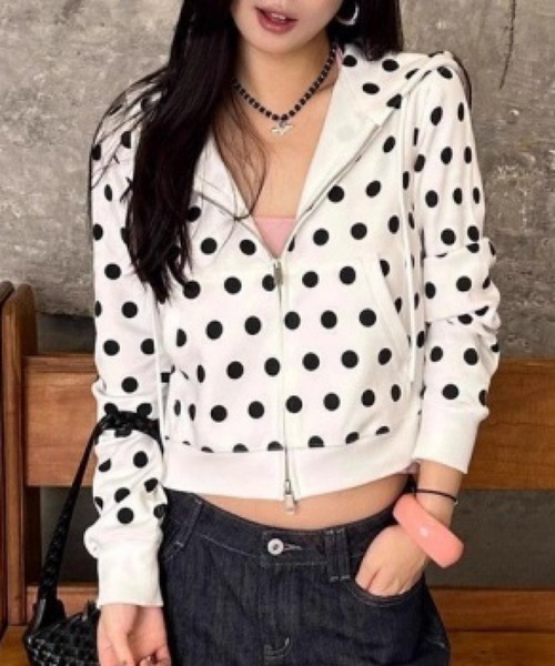 おしゃれスタ(オシャレスタ)の「ドット柄ジップパーカー(パーカー・レディース・ホワイト・S/M/L/XL)」の3枚目の写真
