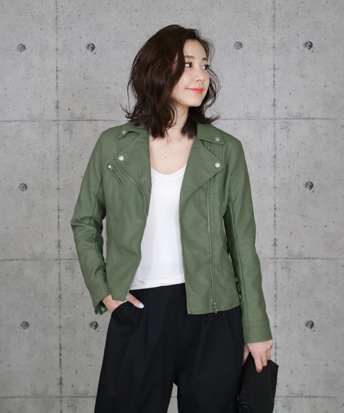 reca（レカ）の「ライダースダブルジャケット（ライダースジャケット・レディース・アイボリー/ブラック/グレー/キャメル/ライトグレー/ピンク/ライトカーキ/ブラウン/ベージュ/カーキ/ライトピンク/グリーン系その他・M/L）」の9枚目の写真