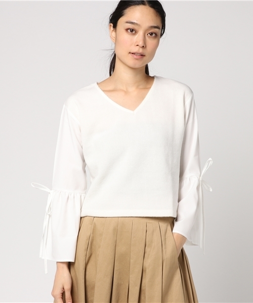 mystic(ミスティック)の「袖フレア切替プルオーバー(Tシャツ/カットソー・レディース・オフホワイト/ピンク/ブラック/ネイビー・フリ-)」の12枚目の写真