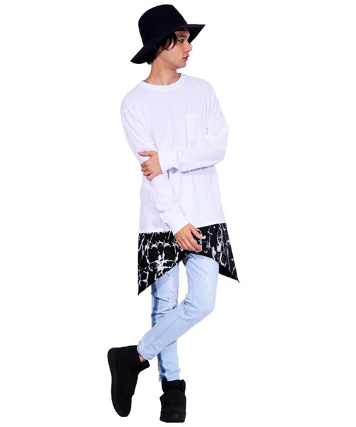 ８(eight)（エイト）の「切替 長袖Tシャツ ロング丈 カットソー（Tシャツ/カットソー・メンズ・ホワイト/ブラック・LARGE/MEDIUM）」の3枚目の写真