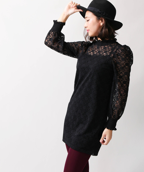 WEGO（ウィゴー）の「WEGO/パフスリーブレースミニワンピース（ワンピース・レディース・ダークグリーン/ブラック/アイボリー・FREE）」の2枚目の写真