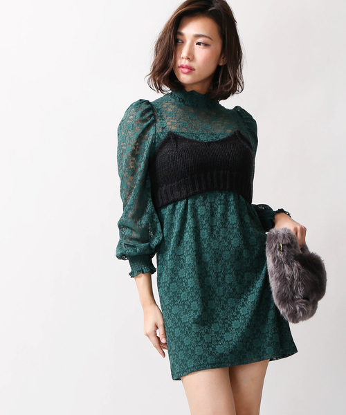 WEGO（ウィゴー）の「WEGO/パフスリーブレースミニワンピース（ワンピース・レディース・ダークグリーン/ブラック/アイボリー・FREE）」の3枚目の写真