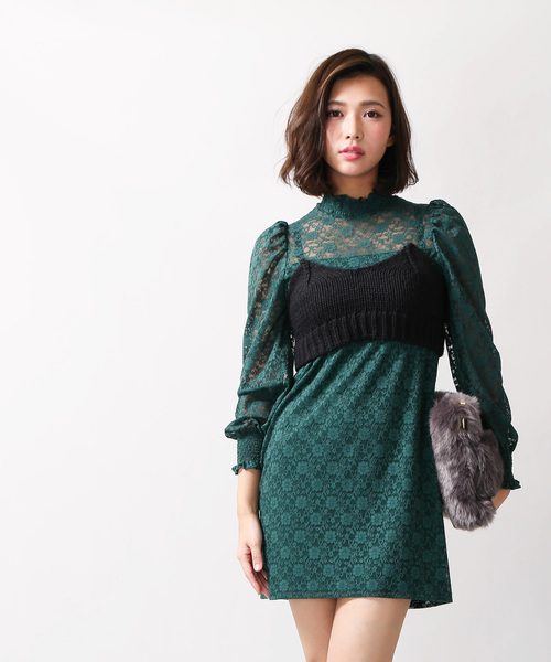 WEGO（ウィゴー）の「WEGO/パフスリーブレースミニワンピース（ワンピース・レディース・ダークグリーン/ブラック/アイボリー・FREE）」の6枚目の写真