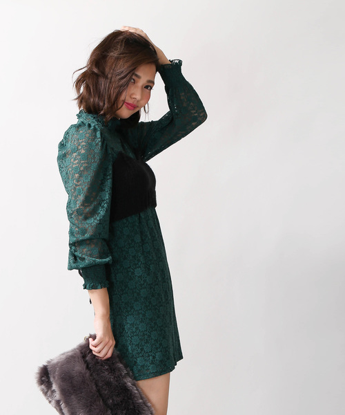 WEGO（ウィゴー）の「WEGO/パフスリーブレースミニワンピース（ワンピース・レディース・ダークグリーン/ブラック/アイボリー・FREE）」の14枚目の写真