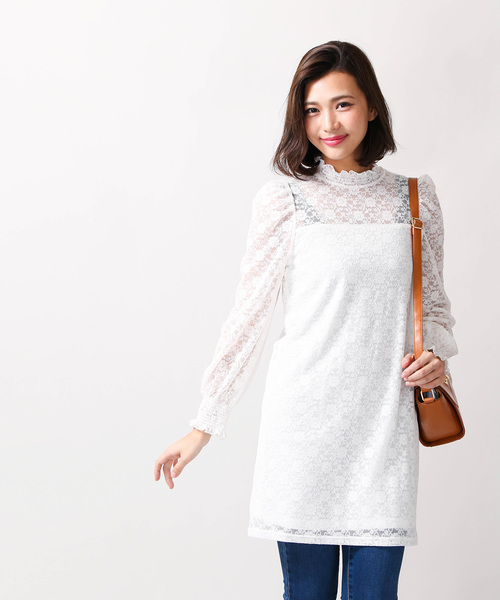 WEGO（ウィゴー）の「WEGO/パフスリーブレースミニワンピース（ワンピース・レディース・ダークグリーン/ブラック/アイボリー・FREE）」の8枚目の写真