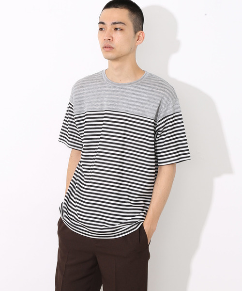 ADAM ET ROPE'(アダムエロペ)の「WフェイスボーダーTシャツ(Tシャツ/カットソー・メンズ・ホワイト/チャコールグレー/ネイビー/ミント・M/L)」の1枚目の写真
