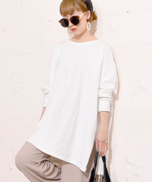 coca(coca)(コカ)の「サイドスリットオーバーサイズコットンチュニック(Tシャツ/カットソー・レディース・ホワイト/ブラック・ONE SIZE)」の10枚目の写真