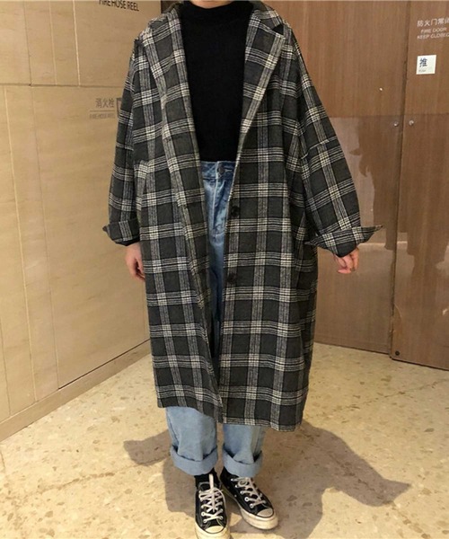 グレンチェック ロングジャケットコート（裏キルティング
