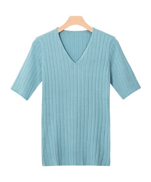 Pierrot（ピエロ）の「●ネックが選べるシルクタッチ半袖リブニット（ニット/セーター・レディース・オフホワイト/ホワイト系その他/ブラック/ブラック系その他/グレー/アッシュグレー/グレー系その他/グレー系その他2/モカ/ブラウン系その他/ライトベージュ/ベージュ系その他/ネイビー/ブルー系その他/ブルー系その他2/ブルーグリーン/ラベンダー/パープル系その他/キャメル/グリーン/ブラウン系その他2/グリーン系その他/スモークピンク/ピンク系その他/グリーン系/グリーン系1/ブラウン系その他3/オレンジ系その他/ブラウン系その他4/オレンジ・M/L）」の22枚目の写真