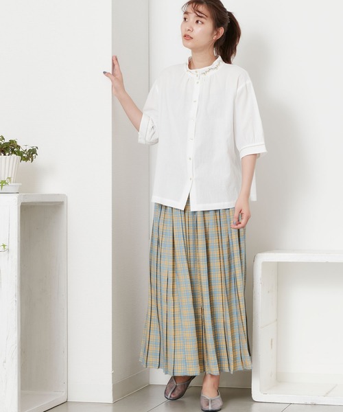 POU DOU DOU（プードゥドゥ）の「5分袖スタンド刺繍襟ブラウス（シャツ/ブラウス・レディース・ネイビー/オフホワイト/ブラック・3）」の10枚目の写真