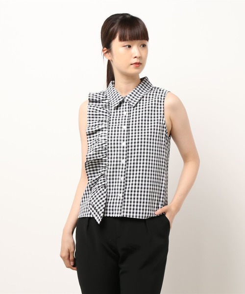 DURAS（デュラス）の「アシンメトリーフリルノースリトップ（シャツ/ブラウス・レディース・ホワイト/ブラック/チェック・FREE）」の3枚目の写真