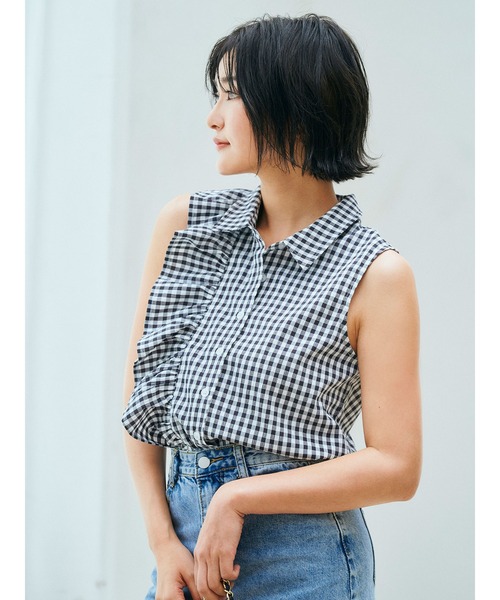 DURAS（デュラス）の「アシンメトリーフリルノースリトップ（シャツ/ブラウス・レディース・ホワイト/ブラック/チェック・FREE）」の10枚目の写真