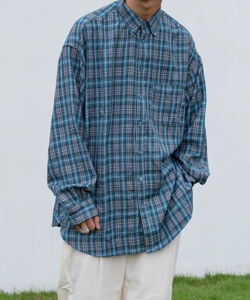 kutir(クティール)の「チェックルーズビッグシャツ(シャツ/ブラウス・メンズ・グリーン/ブルー/ブラック・MEDIUM/LARGE)」の1枚目の写真