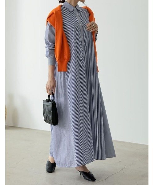 Re:EDIT（リエディ）の「シャンブレーストライプシャツワンピース（シャツワンピース・レディース・ネイビー/ブルー・MEDIUM/SHORT/LARGE）」の4枚目の写真