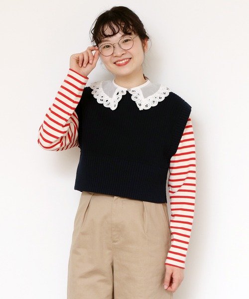 CHILD WOMAN(チャイルドウーマン)の「☆コットンリリヤン あぜショートベスト(ベスト・レディース・パープル/サックスブルー/イエロー/アイボリー/ネイビー/グリーン/レッド・FREE)」の4枚目の写真
