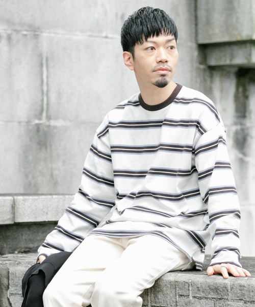 ITEMS URBANRESEARCH（アイテムズ アーバンリサーチ）の「コットンボーダー 長袖リブカットソー（Tシャツ/カットソー・メンズ・オフホワイト/グレー/ブラック・MEDIUM/LARGE）」の4枚目の写真