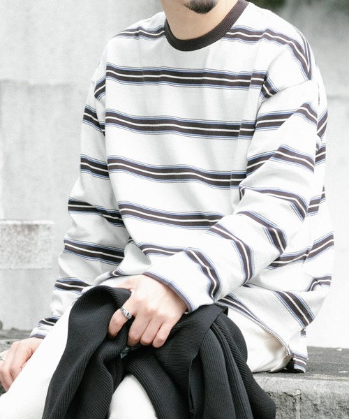 ITEMS URBANRESEARCH（アイテムズ アーバンリサーチ）の「コットンボーダー 長袖リブカットソー（Tシャツ/カットソー・メンズ・オフホワイト/グレー/ブラック・MEDIUM/LARGE）」の5枚目の写真