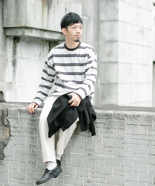 ITEMS URBANRESEARCH（アイテムズ アーバンリサーチ）の「コットンボーダー 長袖リブカットソー（Tシャツ/カットソー・メンズ・オフホワイト/グレー/ブラック・MEDIUM/LARGE）」の6枚目の写真