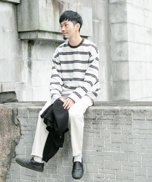 ITEMS URBANRESEARCH（アイテムズ アーバンリサーチ）の「コットンボーダー 長袖リブカットソー（Tシャツ/カットソー・メンズ・オフホワイト/グレー/ブラック・MEDIUM/LARGE）」の8枚目の写真