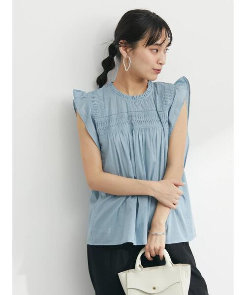 Green　Parks（グリーンパークス）の「インド綿 フリルノースリーブブラウス（シャツ/ブラウス・レディース・ブラック/オフホワイト/サックスブルー・FREE）」の7枚目の写真