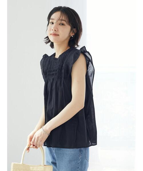 Green　Parks（グリーンパークス）の「インド綿 フリルノースリーブブラウス（シャツ/ブラウス・レディース・ブラック/オフホワイト/サックスブルー・FREE）」の15枚目の写真