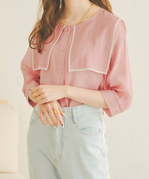 Ambre Neige(アンブルネージュ)の「パイピングビッグカラーシアーブラウス/【WEB/EC限定商品】(シャツ/ブラウス・レディース・ベージュ/オフホワイト/ピンク・FREE)」の19枚目の写真