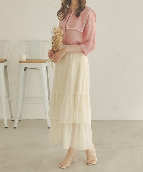 Ambre Neige(アンブルネージュ)の「パイピングビッグカラーシアーブラウス/【WEB/EC限定商品】(シャツ/ブラウス・レディース・ベージュ/オフホワイト/ピンク・FREE)」の4枚目の写真
