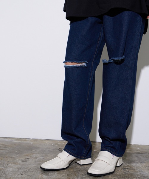 4youstory(フォーユーストーリー)の「【4youstory】デニムダメージルーズストレートパンツ(デニムパンツ・レディース・インディゴブルー/ブルー/ブラック・FREE)」の12枚目の写真