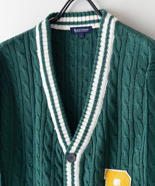 Blue Standard （ブルースタンダード）の「【BLUE STANDARD/ブルースタンダード】5G カレッジデザイン レタードカーディガン（カーディガン/ボレロ・メンズ・ホワイト/ダークグリーン/杢グレー・MEDIUM/LARGE/X-LARGE）」の7枚目の写真
